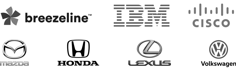 Logos for Breezeline, IBM, Cisco, Mazda, Honda, Lexus, and Volkswagen.